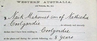 Western Australia Statutory Declaration form completed by Naik Mahomet son of Nathisha.