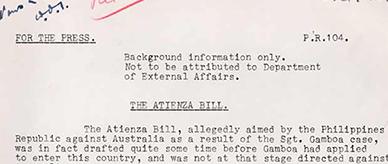 Information given to the press but 'not to be attributed to the Department of External Affairs', regarding the Atienza bill.