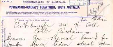 Telegram to the Collector of Customs at Port Adelaide regarding a Vessel sunk off Troubridge Hill.