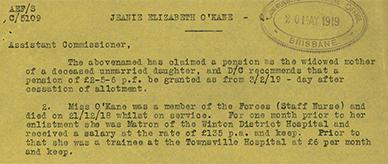 Widow Jeanie O'Kane's application for a war pension after the death of her daughter, Nurse Rosa O'Kane, from the Spanish flu.