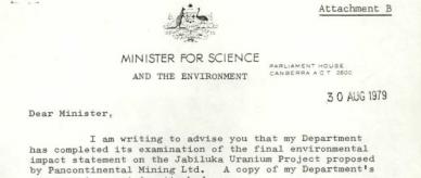 Letter about the impact statement for the Jabiluka Uranium mine project. 