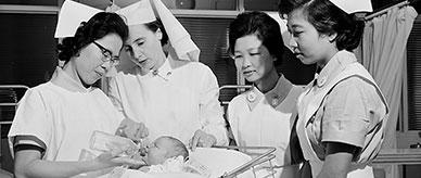 Two former staff nurses, Sister May Chang Lam and Sister Pon Yok Wong, from the General Hospital, Singapore.