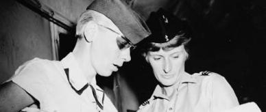 Flight Officer Laurel M Jaeger, A Royal Australian Air Force (RAAF) checks the medical list with Major Jean A Corrigan USAF