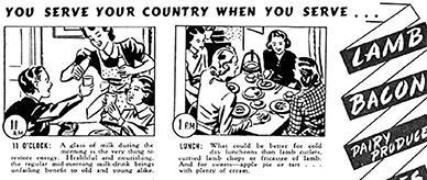 A black-and-white poster encouraging readers to serve Australian produce at their dinner tables to support the war effort.