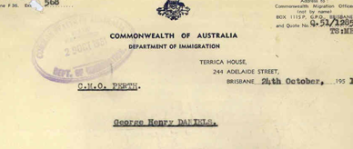 Letter with Department of Immigration letterhead, titled George Henry Daniels. 