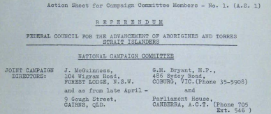 Referendum action sheet Federal Council for the Advancement of Aborigines and Torres Strait Islanders.