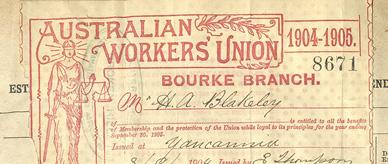 A membership ticket to the 'Australian Workers' Union', with an illustration of Lady Justice holding scales and sword. 