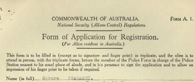 Commonwealth of Australia National Security (Alien Control) Registration Form of Application