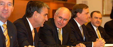 Prime Minister John Howard with senior members of the Cabinet during the visit of Thai Prime Minister Thaksin Shinawatra, ahead of the signing of the Thailand–Australia Free Trade Agreement (TAFTA), Canberra, July 2004. NAA: A14482, 040369DI-049. AUSPIC photographers: Peter West and Howard Moffatt © Commonwealth of Australia, 2004