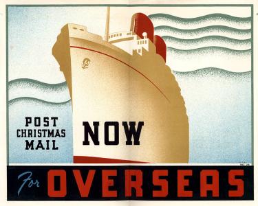 'Post Christmas mail now' colour illustration of a ship in yellow and red