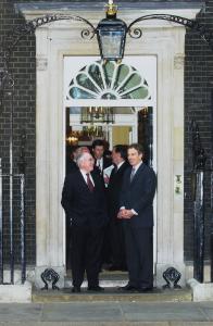 Prime Minister John Howard and British Prime Minister Tony Blair outside the front door of 10 Downing Street London