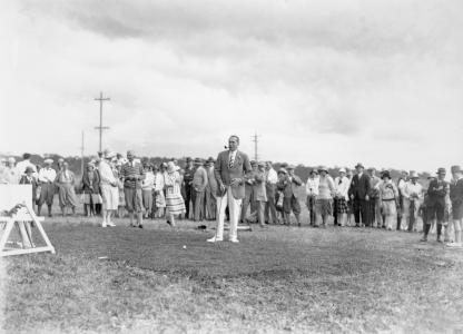 Bruce ready to drive off at the opening of the extended Canberra Golf Course, 1927. NAA: A3560, 7546