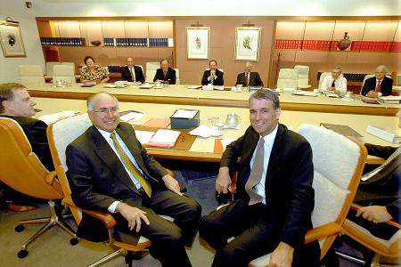 Cabinet meeting room. Peter Costello, John Howard and John Anderson seated in the foreground.