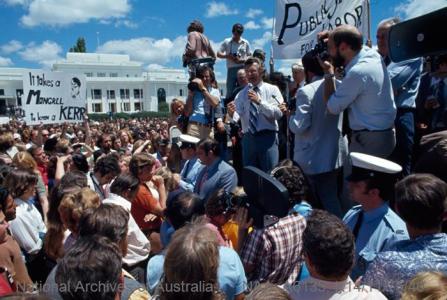 Demonstrations outside Parliament House Canberra after the Governor General dismissed the Whitlam Government