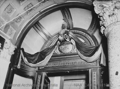 Black mourning drapes displayed about the entrance of the Sydney G.P.O as a mark of respect for King George VI.