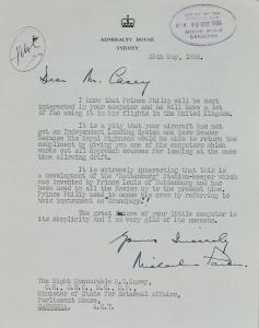 Letterhead Admiralty House Sydney. Commander Parker notes the simplicity of the computer design and it's development from the invention by Prince Louis of Battenburg.