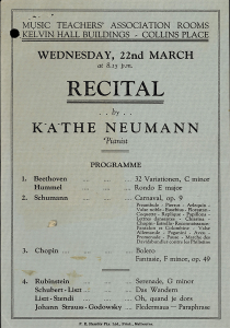 Music program, Wednesday 22nd March, Recital by Kathe Neumann, pianist.