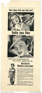 Poster with a woman examining and then wearing a uniform hat, with the words 'How does this one suit you? Suits you fine.'