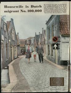 Article titled ''Housewife is Dutch migrant No. 100,000', with image of family walking down a cobbled street. 