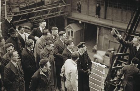 Immigration minister Arthur Calwell greets the first British assisted migrants to arrive after World War II.