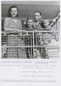 Publicity photo of Maira Kalnins and her family at the rail of the 'Fairsea'. 