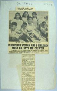 Newspaper article titled 'Indonesian woman and 8 children must go, says Mr Calwell.'