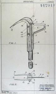 Engineering drawing of a steel and timber tool for removing Prickly Pear.