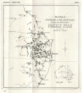 Map with dots representing the spread of Prickly Pear over NSW and Queensland.