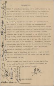 The official proclamation by Governor General Sir William McKell marking the accession of Queen Elizabeth II to the throne.