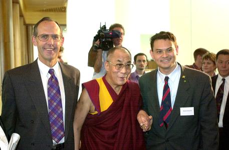 The Dalai Lama with Bob Brown and Michael Johnson. 