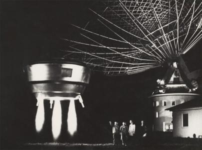 Spacecraft television prop and actors beside Tidbinbilla Tracking Station ACT.