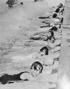 Children in a pool practising kicking during a swimming class.