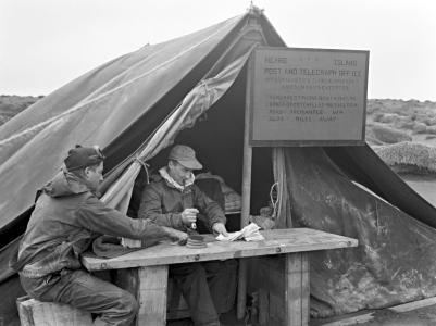 The Heard Island General Post Office opened daily, its closest telephone booth was located 2400 miles away in Western Australia, 1948. NAA: A1200, L10025