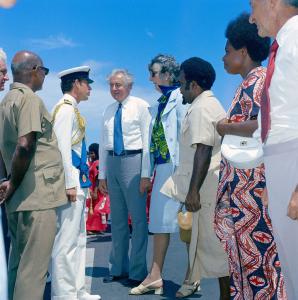 Prince Charles, Gough Whitlam and Margaret Whitlam with Papua New Guinean officials.