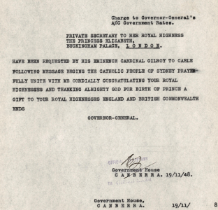 Telegram addressed to the Private Secretary to Her Royal Highness, 19 November 1948.