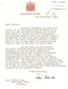 Letter from Buckingham Palace addressed Dear Tyrrell acknowledging that gifts are not normally accepted.