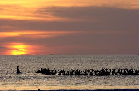 A large group of people standing in the sea, holding hands, with the sun rising in the background.  