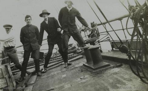 Dr Xavier Mertz, Harry Corner, Percy Gray and Lieutenant Belgrave Ninnis aboard the Aurora, 1911 NAA: A14518, H7338