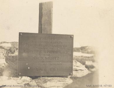 Plaque commemorating Lieutenant Belgrave Ninnis and Dr Xavier Mertz in the cause of science, 1913 NAA: A14518, H7193