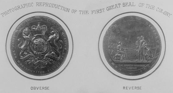 'Photographic reproduction of the first Great Seal of the Colony' with both sides of the seal shown on a paper card.