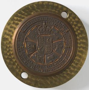 Royal seal with the text: Commonwealth of Australia Rex Fidei Defensor, Georgius VI dei gratia, MAG BR HIB et terr, transmar, OVA in dit. SVNT Brit.