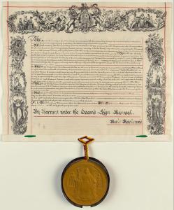 Hand-written document with illustrated heraldry on the top, left and right-side borders. A wax seal within a container is attached beneath with a red and maroon platted thread.