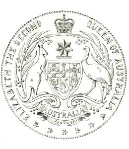 Design showing the British Crown above the Commonwealth of Australia coat of arms, with wattle leaves and flowers, a Kangaroo and Emu beside a shield containing heraldry of 6 states and the words Elizabeth the Second Queen of Australia.