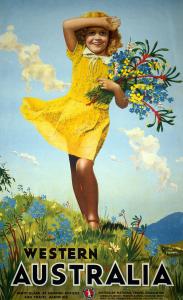 A girl wearing a yellow dress holds a bunch of flowers while raising her arm to shielding her face from the sun.