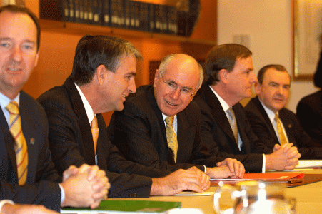 Prime Minister John Howard with senior members of the Cabinet during the visit of Thai Prime Minister Thaksin Shinawatra, ahead of the signing of the Thailand–Australia Free Trade Agreement (TAFTA), Canberra, July 2004. NAA: A14482, 040369DI-049. AUSPIC photographers: Peter West and Howard Moffatt © Commonwealth of Australia, 2004