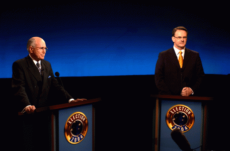 Prime Minister John Howard and Opposition Leader Mark Latham face off in the only televised debate of the 2004 federal election campaign, Channel Nine, Sydney, September 2004. NAA: A14482, 040483DI-0373 © Commonwealth of Australia, 2004