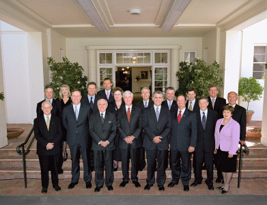 Governor-General Michael Jeffery and Prime Minister John Howard pose with members of the Fourth Howard Cabinet after the swearing-in ceremony, Government House, Canberra, October 2004. NAA: A14482, 040525A-09. AUSPIC photographer: David Foote © Commonwealth of Australia, 2004