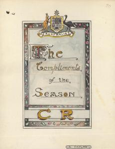 Hand-drawn and coloured card with Commonwealth crest and letters C. R.