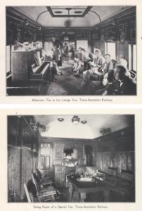 People seated around an upright piano in 1 of 2 ornate train interiors. 