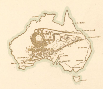 Drawing of a train within an outline of Australia.